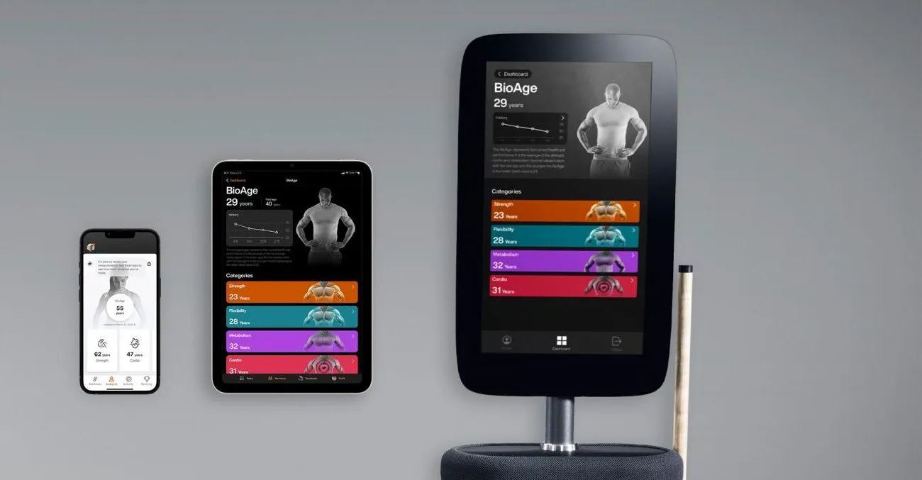 EGYM BioAge screens on a phone, a tablet and the Fitness Hub.