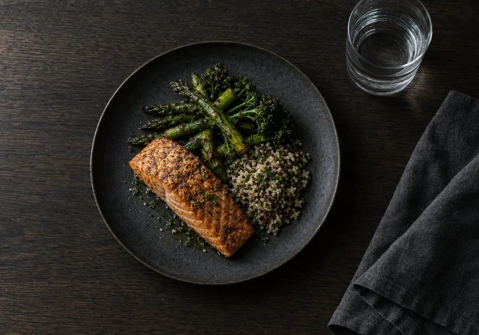 Grilled salmon, greens and grains on a dark plate, with a glass of water, on a dark oak table.