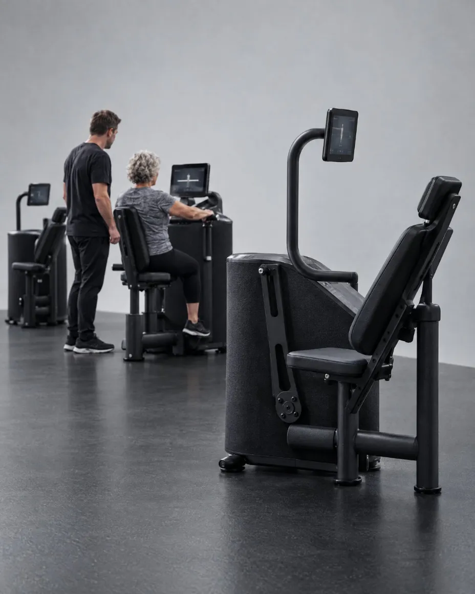 A row of EGYM Smart Strength machines along a light-grey wall, with a client training and her coach beside her.