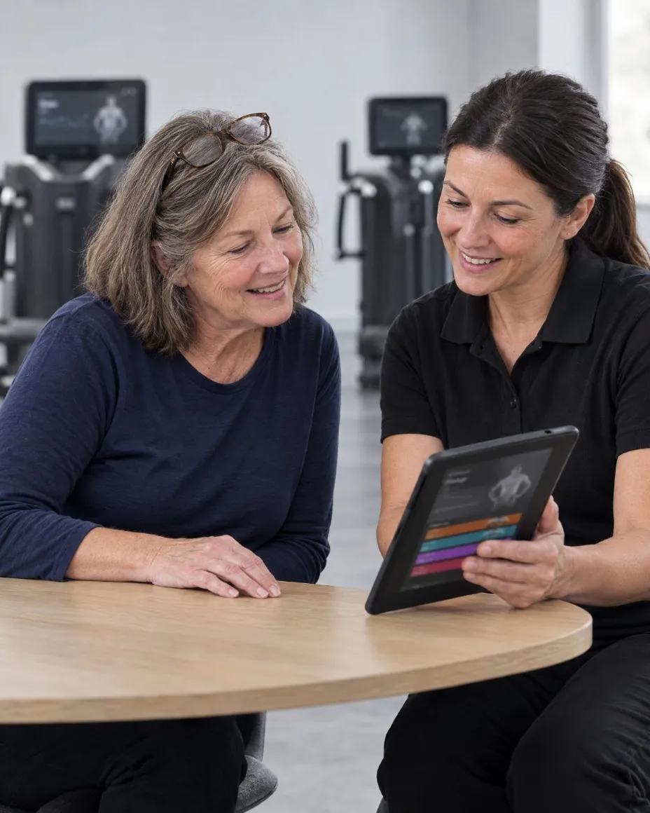 A woman in her sixties and her coach look at her BioAge results on a tablet at a small oak table.