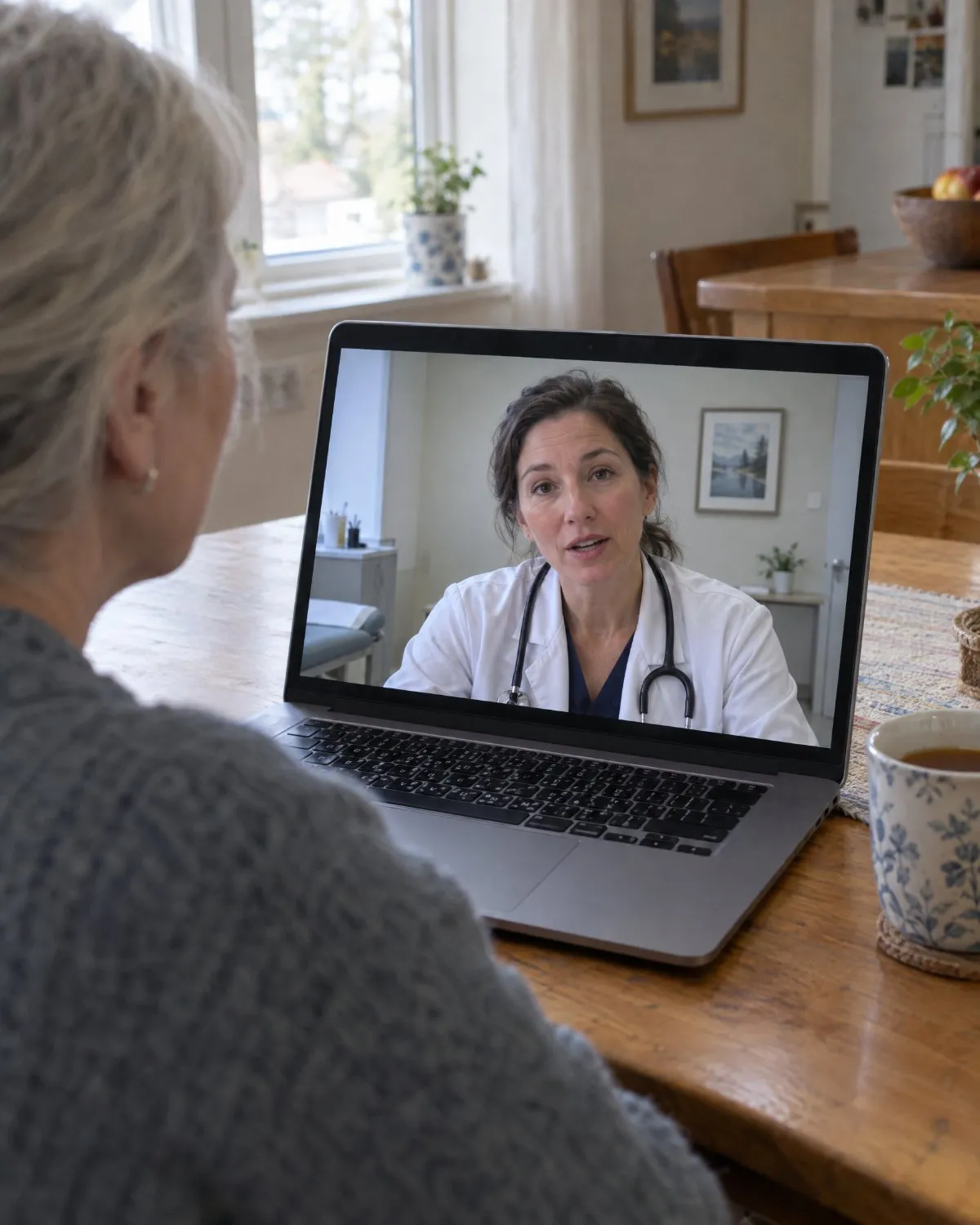 A woman in her sixties on a video call with a physician, seen over her shoulder at her kitchen table.